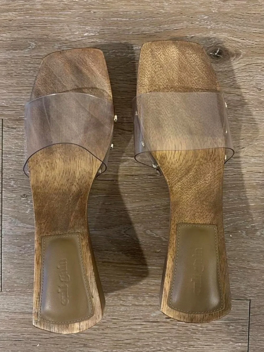 cult gaia Clear Vinyl Slide Sandal with Wood Heel and Gold Studs